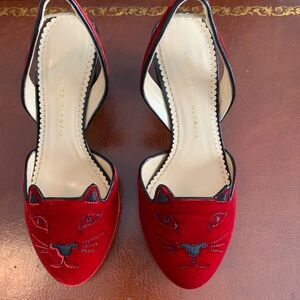 Charlotte Olympia  Red Velvet Kitty Sling Back Shoes, size 39